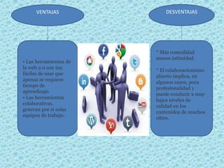 VENTAJAS
• Las herramientas de
la web 2.0 son tan
fáciles de usar que
apenas se requiere
tiempo de
aprendizaje.
• Las herramientas
colaborativas,
generan por si solas
equipos de trabajo.
DESVENTAJAS
* Más comodidad
menos intimidad.
* El colaboracionismo
abierto implica, en
algunos casos, poca
profesionalidad y
puede conducir a muy
bajos niveles de
calidad en los
contenidos de muchos
sitios.
 