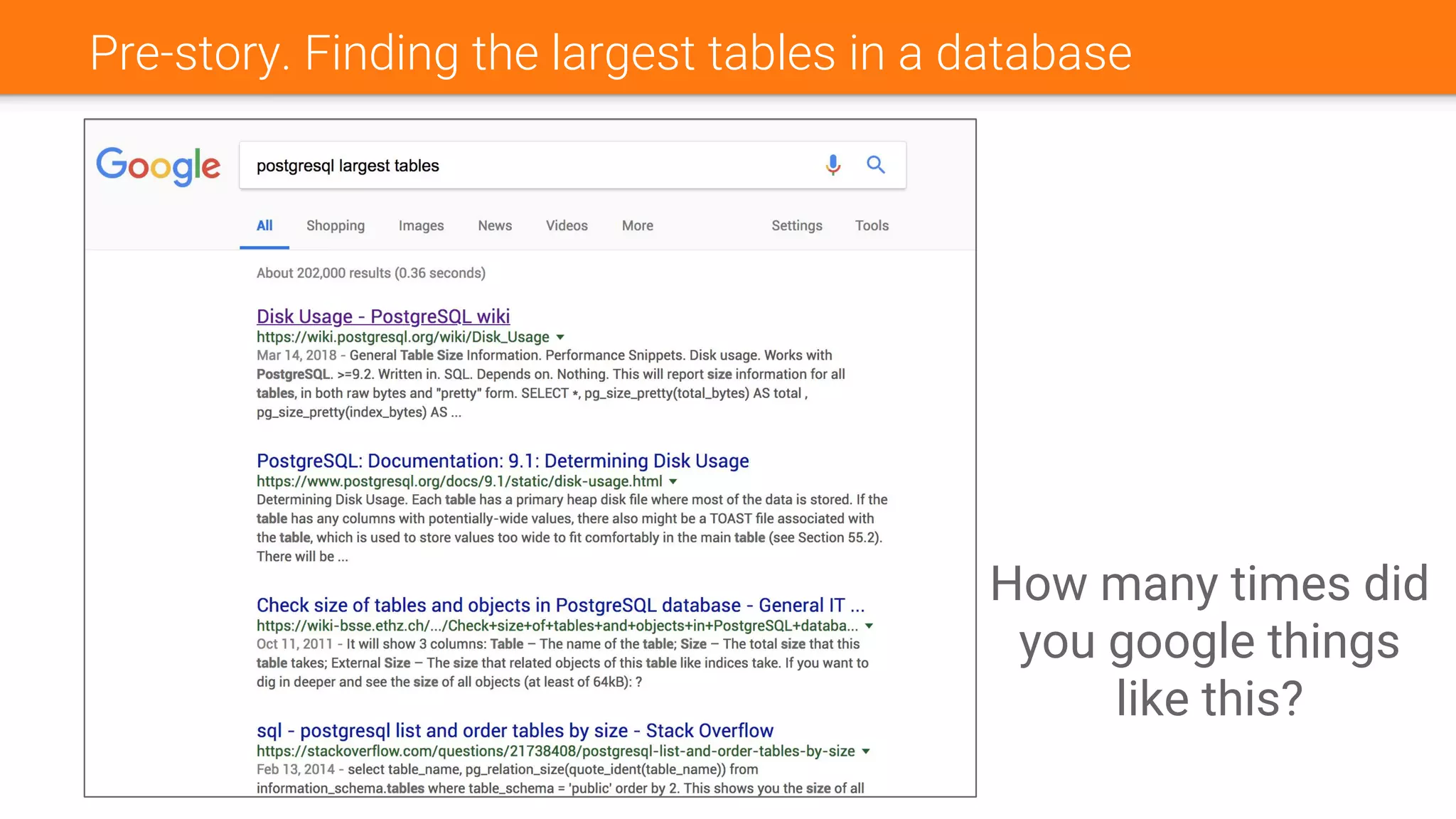 Pre-story. Finding the largest tables in a database
How many times did
you google things
like this?
 