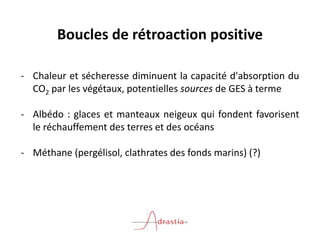 Boucles de rétroaction positive
- Chaleur et sécheresse diminuent la capacité d'absorption du
CO2 par les végétaux, potentielles sources de GES à terme
- Albédo : glaces et manteaux neigeux qui fondent favorisent
le réchauffement des terres et des océans
- Méthane (pergélisol, clathrates des fonds marins) (?)
 