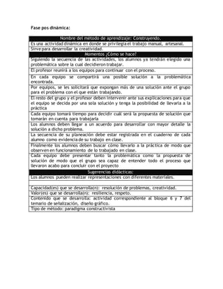 Fase pos dinámica:
Nombre del método de aprendizaje: Construyendo.
Es una actividad dinámica en donde se privilegia el trabajo manual, artesanal.
Sirve para desarrollar la creatividad.
Momentos ¿Cómo se hace?
Siguiendo la secuencia de las actividades, los alumnos ya tendrán elegido una
problemática sobre la cual decidieron trabajar.
El profesor reunirá a los equipos para continuar con el proceso.
En cada equipo se compartirá una posible solución a la problemática
encontrada.
Por equipos, se les solicitará que expongan más de una solución ante el grupo
para el problema con el que están trabajando.
El resto del grupo y el profesor deben intervenir ante sus explicaciones para que
el equipo se decida por una sola solución y tenga la posibilidad de llevarla a la
práctica
Cada equipo tomará tiempo para decidir cuál será la propuesta de solución que
tomarán en cuenta para trabajarla
Los alumnos deben llegar a un acuerdo para desarrollar con mayor detalle la
solución a dicho problema.
La secuencia de su planeación debe estar registrada en el cuaderno de cada
alumno como evidencia de su trabajo en clase.
Finalmente los alumnos deben buscar cómo llevarlo a la práctica de modo que
observen en funcionamiento de lo trabajado en clase.
Cada equipo debe presentar tanto la problemática como la propuesta de
solución de modo que el grupo sea capaz de entender todo el proceso que
llevaron acabo para concluir con el proyecto
Sugerencias didácticas:
Los alumnos pueden realizar representaciones con diferentes materiales.
Capacidad(es) que se desarrolla(n): resolución de problemas, creatividad.
Valor(es) que se desarrolla(n): resiliencia, respeto.
Contenido que se desarrolla: actividad correspondiente al bloque 6 y 7 del
temario de señalización, diseño gráfico.
Tipo de método: paradigma constructivista
 