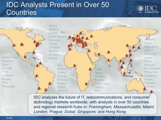 IDC Analysts Present in Over 50
Countries




        IDC analyzes the future of IT, telecommunications, and consumer
        technology markets worldwide, with analysts in over 50 countries
        and regional research hubs in: Framingham, Massachusetts; Miami;
        London; Prague; Dubai; Singapore; and Hong Kong.
© IDC
 