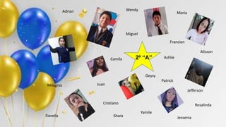 2º “A”
Patrick
Ashlie
Miguel
Shara
Rosalinda
Yamile
Juan
Alisson
Maria
Milagros
Camila
Cristiano
Jefferson
Adrian
Geysy
Francien
Wendy
Fiorella Jessenia
 