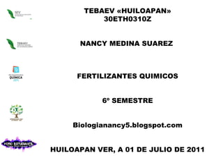 TEBAEV «HUILOAPAN» 30ETH0310Z NANCY MEDINA SUAREZ  FERTILIZANTES QUIMICOS 6º SEMESTRE Biologianancy5.blogspot.com HUILOAPAN VER, A 01 DE JULIO DE 2011 