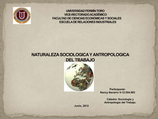 Participante:
              Nancy Navarro V-12.554.903

                  Cátedra: Sociología y
                 Antropología del Trabajo.
Junio, 2012
 
