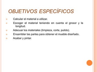OBJETIVOS ESPECÍFICOS
    Calcular el material a utilizar.
    Escoger el material teniendo en cuenta el grosor y la
       longitud.
    Adecuar los materiales (limpieza, corte, pulido).
    Ensamblar las partes para obtener el mueble diseñado.
    Acabar y pintar.
 