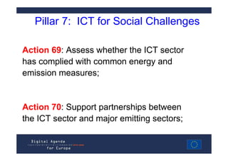 Pillar 7: ICT for Social Challenges

Action 69: Assess whether the ICT sector
has complied with common energy and
emission measures;


Action 70: Support partnerships between
the ICT sector and major emitting sectors;
 