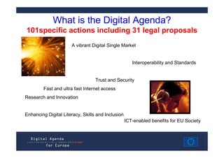 What is the Digital Agenda?
101specific actions including 31 legal proposals
                      A vibrant Digital Single Market


                                                      Interoperability and Standards


                                  Trust and Security
         Fast and ultra fast Internet access
Research and Innovation


Enhancing Digital Literacy, Skills and Inclusion
                                                   ICT-enabled benefits for EU Society
 