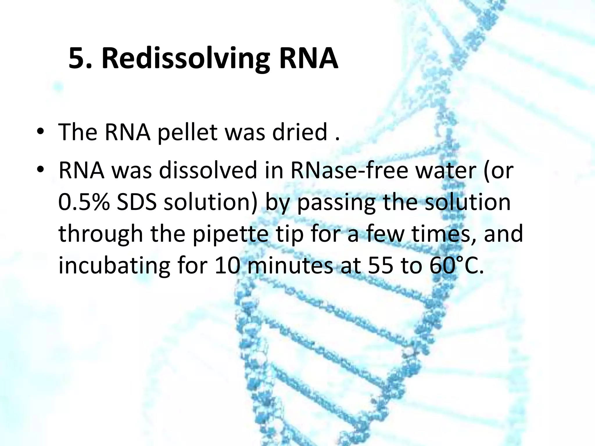 5. Redissolving RNA
• The RNA pellet was dried .
• RNA was dissolved in RNase-free water (or
0.5% SDS solution) by passing the solution
through the pipette tip for a few times, and
incubating for 10 minutes at 55 to 60°C.

 