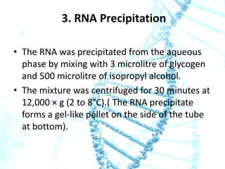 3. RNA Precipitation
• The RNA was precipitated from the aqueous
phase by mixing with 3 microlitre of glycogen
and 500 microlitre of isopropyl alcohol.
• The mixture was centrifuged for 30 minutes at
12,000 × g (2 to 8°C).( The RNA precipitate
forms a gel-like pellet on the side of the tube
at bottom).

 