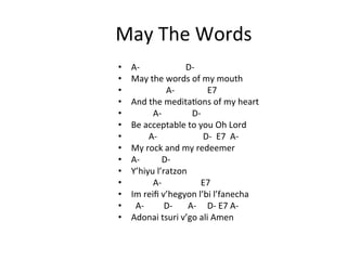 May	
  The	
  Words
	
  
• 
• 
• 
• 
• 
• 
• 
• 
• 
• 
• 
• 
• 
• 

A-­‐	
  	
  	
  	
  	
  	
  	
  	
  	
  	
  	
  	
  	
  	
  	
  	
  	
  	
  	
  	
  	
  D-­‐	
  
May	
  the	
  words	
  of	
  my	
  mouth	
  
	
  	
  	
  	
  	
  	
  	
  	
  	
  	
  	
  	
  	
  	
  	
  	
  A-­‐	
  	
  	
  	
  	
  	
  	
  	
  	
  	
  	
  	
  	
  	
  	
  E7	
  	
  	
  	
  	
  	
  
And	
  the	
  meditaMons	
  of	
  my	
  heart	
  
	
  	
  	
  	
  	
  	
  	
  	
  	
  	
  A-­‐	
  	
  	
  	
  	
  	
  	
  	
  	
  	
  	
  	
  	
  	
  D-­‐	
  
Be	
  acceptable	
  to	
  you	
  Oh	
  Lord	
  
	
  	
  	
  	
  	
  	
  	
  	
  A-­‐	
  	
  	
  	
  	
  	
  	
  	
  	
  	
  	
  	
  	
  	
  	
  	
  	
  	
  	
  	
  	
  D-­‐	
  	
  E7	
  	
  A-­‐	
  
My	
  rock	
  and	
  my	
  redeemer	
  
A-­‐	
  	
  	
  	
  	
  	
  	
  	
  	
  	
  D-­‐	
  
Y’hiyu	
  l’ratzon	
  
	
  	
  	
  	
  	
  	
  	
  	
  	
  	
  A-­‐	
  	
  	
  	
  	
  	
  	
  	
  	
  	
  	
  	
  	
  	
  	
  	
  	
  	
  E7	
  
Im	
  reiﬁ	
  v’hegyon	
  l’bi	
  l’fanecha	
  
	
  	
  A-­‐	
  	
  	
  	
  	
  	
  	
  	
  	
  D-­‐	
  	
  	
  	
  	
  	
  	
  A-­‐	
  	
  	
  	
  	
  D-­‐	
  E7	
  A-­‐	
  
Adonai	
  tsuri	
  v’go	
  ali	
  Amen	
  

 