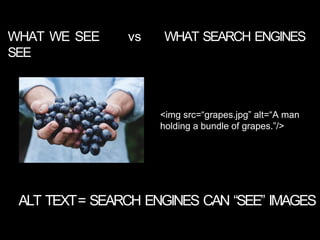 WHAT WE SEE vs WHAT SEARCH ENGINES
SEE
ALT TEXT= SEARCH ENGINES CAN “SEE” IMAGES
<img src=“grapes.jpg” alt=“A man
holding a bundle of grapes.”/>
 