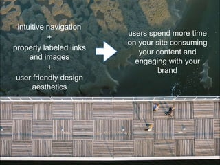 users spend more time
on your site consuming
your content and
engaging with your
brand
intuitive navigation
+
properly labeled links
and images
+
user friendly design
aesthetics
 