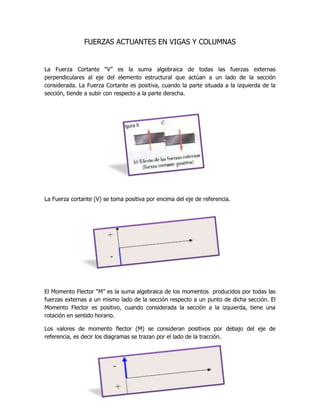 FUERZAS ACTUANTES EN VIGAS Y COLUMNAS
La Fuerza Cortante “V” es la suma algebraica de todas las fuerzas externas
perpendiculares al eje del elemento estructural que actúan a un lado de la sección
considerada. La Fuerza Cortante es positiva, cuando la parte situada a la izquierda de la
sección, tiende a subir con respecto a la parte derecha.
La Fuerza cortante (V) se toma positiva por encima del eje de referencia.
El Momento Flector “M” es la suma algebraica de los momentos producidos por todas las
fuerzas externas a un mismo lado de la sección respecto a un punto de dicha sección. El
Momento Flector es positivo, cuando considerada la sección a la izquierda, tiene una
rotación en sentido horario.
Los valores de momento flector (M) se consideran positivos por debajo del eje de
referencia, es decir los diagramas se trazan por el lado de la tracción.
 