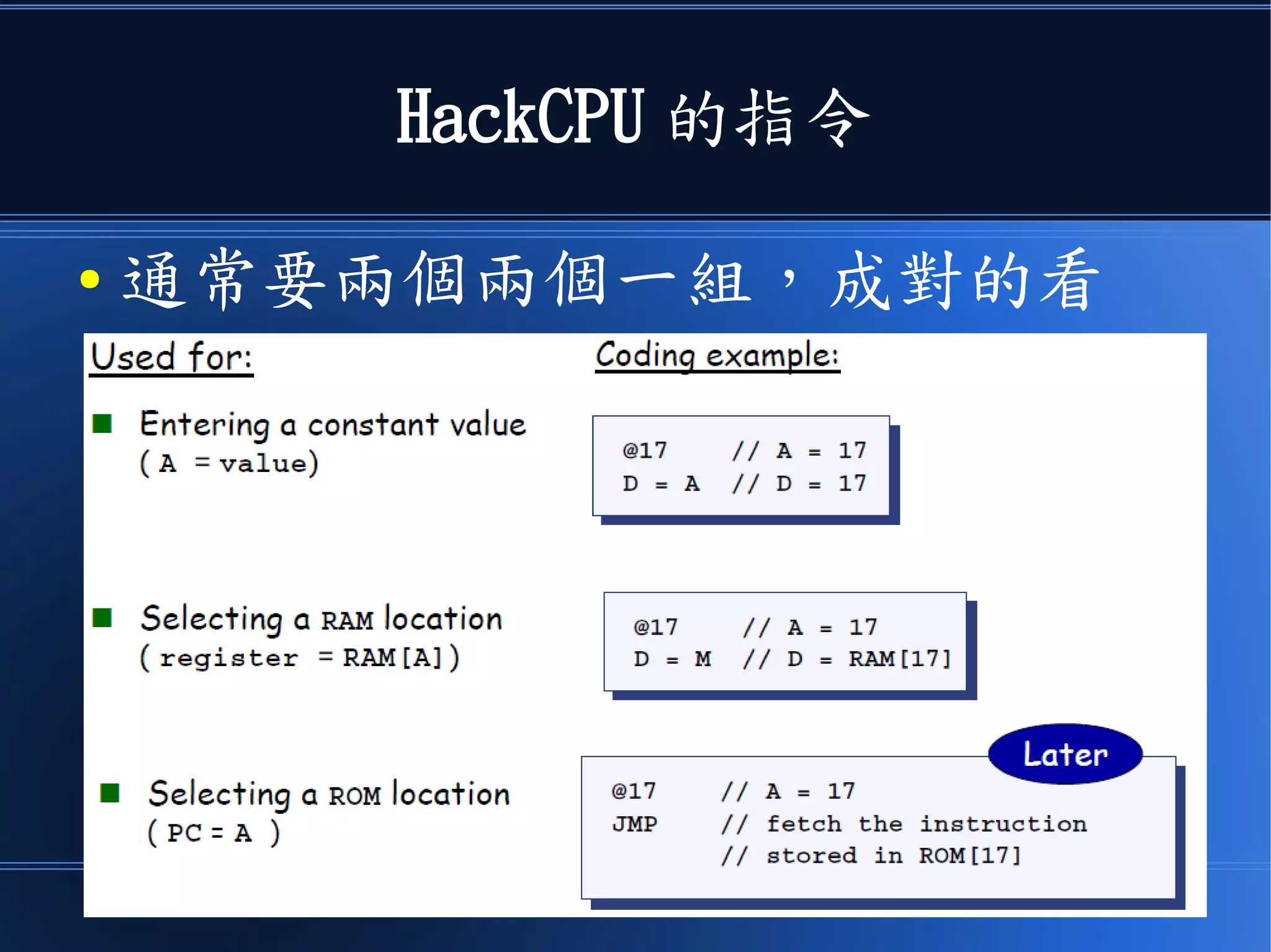 讓我們暫時忘記
● 那些煩人的管線技術
● 先專注在 HackCPU 的指令集
與處理器上
 