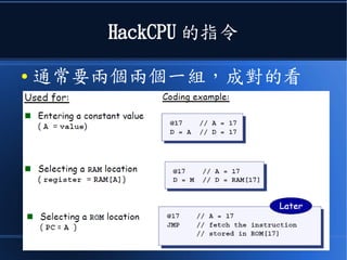 讓我們暫時忘記
● 那些煩人的管線技術
● 先專注在 HackCPU 的指令集
與處理器上
 