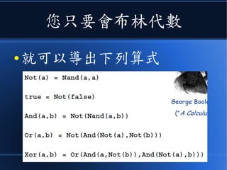您只要會布林代數
● 就可以導出下列算式
 