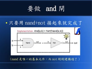 要做 and 閘
● 只要用 nand+not 接起來就完成了
(nand 是唯一的基本元件，而 not 剛剛建構過了 )
 