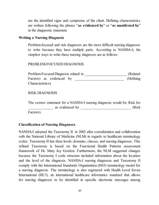 10
are the identified signs and symptoms of the client. Defining characteristics
are written following the phrase “as evidenced by” or “as manifested by”
in the diagnostic statement.
Writing a Nursing Diagnosis
Problem-focused and risk diagnoses are the most difficult nursing diagnoses
to write because they have multiple parts. According to NANDA-I, the
simplest ways to write these nursing diagnoses are as follows:
PROBLEM-FOCUSED DIAGNOSIS
Problem-Focused Diagnosis related to ______________________ (Related
Factors) as evidenced by _________________________ (Defining
Characteristics).
RISK DIAGNOSIS
The correct statement for a NANDA-I nursing diagnosis would be: Risk for
_____________ as evidenced by __________________________ (Risk
Factors).
Classification of Nursing Diagnoses
NANDA-I adopted the Taxonomy II in 2002 after consideration and collaboration
with the National Library of Medicine (NLM) in regards to healthcare terminology
codes. Taxonomy II has three levels: domains, classes, and nursing diagnoses. This
refined Taxonomy is based on the Functional Health Patterns assessment
framework of Dr. Mary Joy Gordon. Furthermore, the NLM suggested changes
because the Taxonomy I code structure included information about the location
and the level of the diagnosis. NANDA-I nursing diagnoses and Taxonomy II
comply with the International Standards Organization (ISO) terminology model for
a nursing diagnosis. The terminology is also registered with Health Level Seven
International (HL7), an international healthcare informatics standard that allows
for nursing diagnoses to be identified in specific electronic messages among
 