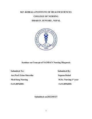 1
B.P. KOIRALA INSTITUTE OF HEALTH SCIENCES
COLLEGE OF NURSING
DHARAN ,SUNSARI , NEPAL
Seminar on Concept of NANDA’S Nursing Diagnosis
Submitted To: Submitted By:
Ass.Prof. Erina Shrestha Sapana Dahal
Med-Surg Nursing M.Sc. Nursing 1st
year
CoN,BPKIHS CoN,BPKIHS
Submitted on:2022/05/27
 
