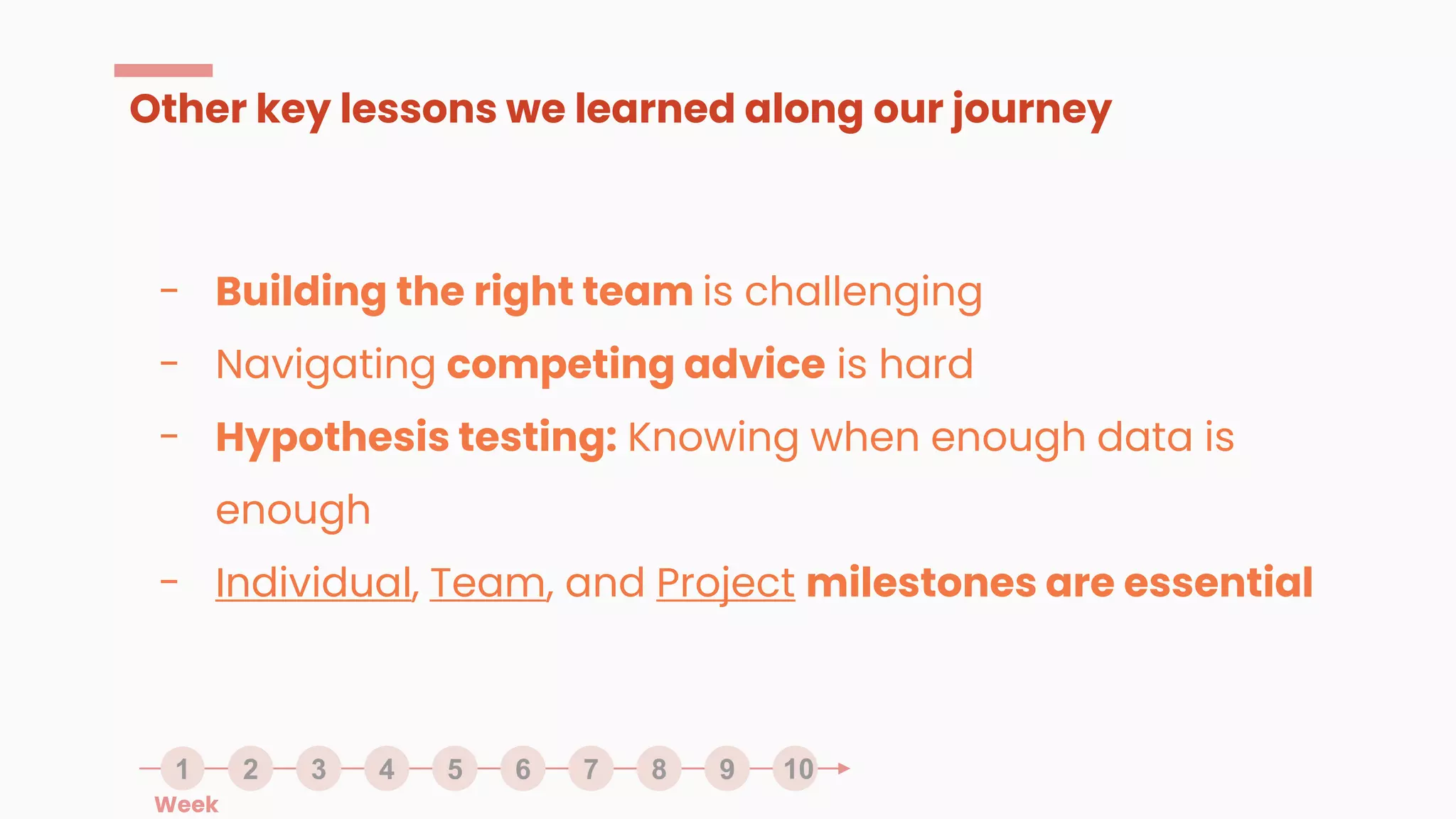 Other key lessons we learned along our journey
- Building the right team is challenging
- Navigating competing advice is hard
- Hypothesis testing: Knowing when enough data is
enough
- Individual, Team, and Project milestones are essential
1 2 3 4 5 6 7 8 9 10
Week
 
