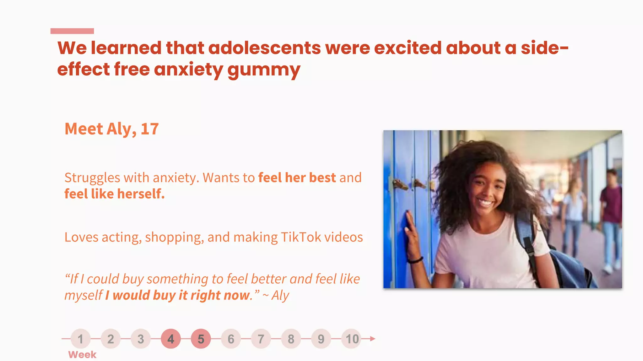 We learned that adolescents were excited about a side-
effect free anxiety gummy
1 3 4 5 6 7 8 9
2 10
Meet Aly, 17
Struggles with anxiety. Wants to feel her best and
feel like herself.
Loves acting, shopping, and making TikTok videos
“If I could buy something to feel better and feel like
myself I would buy it right now.” ~ Aly
Week
 