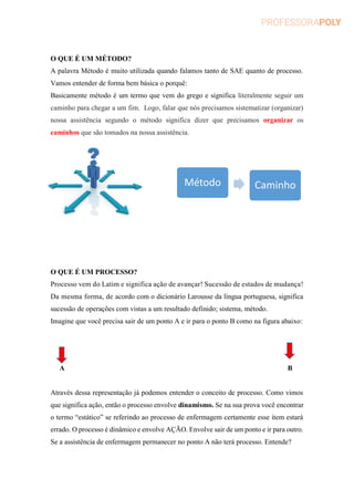 O QUE É UM MÉTODO?
A palavra Método é muito utilizada quando falamos tanto de SAE quanto de processo.
Vamos entender de forma bem básica o porquê:
Basicamente método é um termo que vem do grego e significa literalmente seguir um
caminho para chegar a um fim. Logo, falar que nós precisamos sistematizar (organizar)
nossa assistência segundo o método significa dizer que precisamos organizar os
caminhos que são tomados na nossa assistência.
O QUE É UM PROCESSO?
Processo vem do Latim e significa ação de avançar! Sucessão de estados de mudança!
Da mesma forma, de acordo com o dicionário Larousse da língua portuguesa, significa
sucessão de operações com vistas a um resultado definido; sistema, método.
Imagine que você precisa sair de um ponto A e ir para o ponto B como na figura abaixo:
A B
Através dessa representação já podemos entender o conceito de processo. Como vimos
que significa ação, então o processo envolve dinamismo. Se na sua prova você encontrar
o termo “estático” se referindo ao processo de enfermagem certamente esse item estará
errado. O processo é dinâmico e envolve AÇÃO. Envolve sair de um ponto e ir para outro.
Se a assistência de enfermagem permanecer no ponto A não terá processo. Entende?
Método Caminho
 