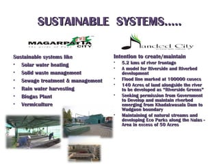 SUSTAINABLE SYSTEMS…..SUSTAINABLE SYSTEMS…..
Sustainable systems likeSustainable systems like
• Solar water heatingSolar water heating
• Solid waste managementSolid waste management
• Sewage treatment & managementSewage treatment & management
• Rain water harvestingRain water harvesting
• Biogas PlantBiogas Plant
• VermicultureVermiculture
Intention to create/maintainIntention to create/maintain
• 5.2 kms of river frontage5.2 kms of river frontage
• A model for Riverside and RiverbedA model for Riverside and Riverbed
developmentdevelopment
• Flood line marked at 100000 cusecsFlood line marked at 100000 cusecs
• 140 Acres of land alongside the river140 Acres of land alongside the river
to be developed as “Riverside Greens”to be developed as “Riverside Greens”
• Seeking permission from GovernmentSeeking permission from Government
to Develop and maintain riverbedto Develop and maintain riverbed
emerging from Khadakwasala Dam toemerging from Khadakwasala Dam to
Wadgaon boundaryWadgaon boundary
• Maintaining of natural streams andMaintaining of natural streams and
developing Eco Parks along the Nalas -developing Eco Parks along the Nalas -
Area in excess of 50 AcresArea in excess of 50 Acres
 
