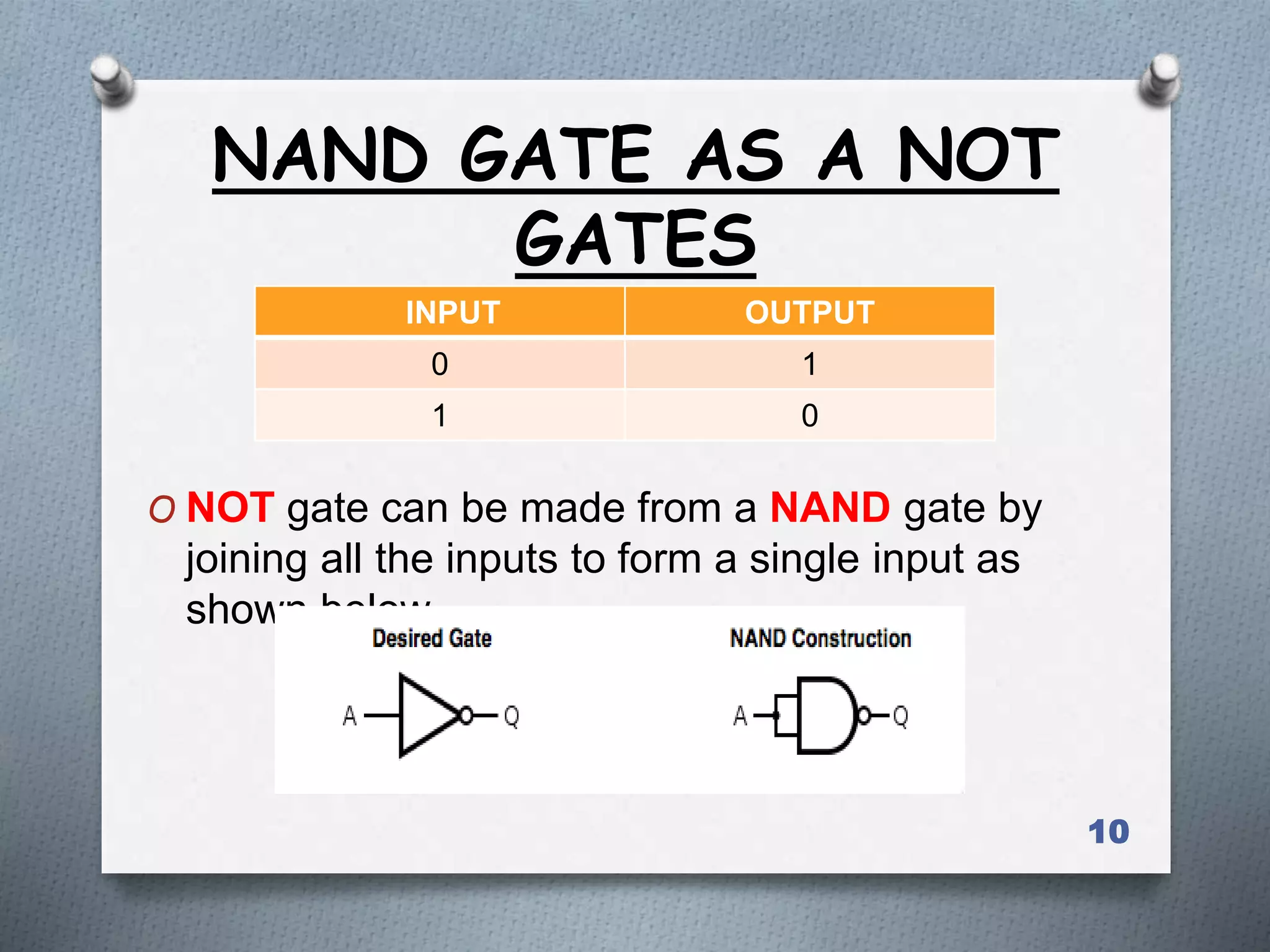 NAND GATE AS A NOT
GATES
O NOT gate can be made from a NAND gate by
joining all the inputs to form a single input as
shown below.
10
INPUT OUTPUT
0 1
1 0
 