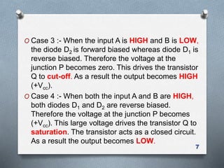 O Case 3 :- When the input A is HIGH and B is LOW,
the diode D2 is forward biased whereas diode D1 is
reverse biased. Therefore the voltage at the
junction P becomes zero. This drives the transistor
Q to cut-off. As a result the output becomes HIGH
(+Vcc).
O Case 4 :- When both the input A and B are HIGH,
both diodes D1 and D2 are reverse biased.
Therefore the voltage at the junction P becomes
(+Vcc). This large voltage drives the transistor Q to
saturation. The transistor acts as a closed circuit.
As a result the output becomes LOW.
7
 