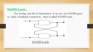 NAND Latch :
For storing one bit of information if we use two NAND gates
to make a feedback connection , then it called NAND Latch .
NAND Latch
 
