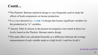 Contd…
The Plackett- Burman statistical design is very frequently used to study the
effects of broth components on lactase production.
It is a two factorial (i.e. -1 and +1) design that locates significant variables for
the production by “n” variables.
 factors( Table 6) chosen in the present investigation were tested at these two
levels, based on the Plackett- Burman matrix design.
The main effect was calculated basically as a difference between the average
measurements of each variable made at a high level(+) and low level(-).
Karlapudi et.al.(2018)
31
 