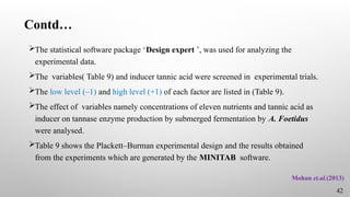Contd…
The statistical software package ‘Design expert ’, was used for analyzing the
experimental data.
The variables( Table 9) and inducer tannic acid were screened in experimental trials.
The low level (–1) and high level (+1) of each factor are listed in (Table 9).
The effect of variables namely concentrations of eleven nutrients and tannic acid as
inducer on tannase enzyme production by submerged fermentation by A. Foetidus
were analysed.
Table 9 shows the Plackett–Burman experimental design and the results obtained
from the experiments which are generated by the MINITAB software.
Mohan et.al.(2013)
42
 