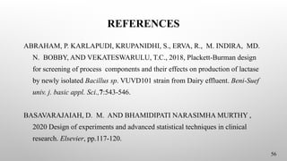 REFERENCES
ABRAHAM, P. KARLAPUDI, KRUPANIDHI, S., ERVA, R., M. INDIRA, MD.
N. BOBBY, AND VEKATESWARULU, T.C., 2018, Plackett-Burman design
for screening of process components and their effects on production of lactase
by newly isolated Bacillus sp. VUVD101 strain from Dairy effluent. Beni-Suef
univ. j. basic appl. Sci.,7:543-546.
BASAVARAJAIAH, D. M. AND BHAMIDIPATI NARASIMHA MURTHY ,
2020 Design of experiments and advanced statistical techniques in clinical
research. Elsevier, pp.117-120.
56
 