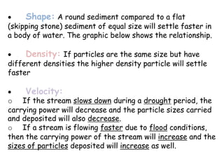  Shape: A round sediment compared to a flat
(skipping stone) sediment of equal size will settle faster in
a body of water. The graphic below shows the relationship.
 Density: If particles are the same size but have
different densities the higher density particle will settle
faster
 Velocity:
o If the stream slows down during a drought period, the
carrying power will decrease and the particle sizes carried
and deposited will also decrease.
o If a stream is flowing faster due to flood conditions,
then the carrying power of the stream will increase and the
sizes of particles deposited will increase as well.
 