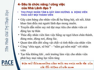 Gây cảm hứng cho nhân viên để họ hăng hái, sôi nổi, khát khao làm điều mà người lãnh đạo mong muốn. Truyền dẫn niềm say mê đạt mục tiêu cho nhân viên có động lực tự thân Thúc đẩy nhân viên làm việc bằng sự ngợi khen chân thành, đúng mức, đúng nơi, đúng lúc. Quan tâm đến đời sống vật chất và tinh thần của nhân viên Cùng “chia ngọt, xẽ bùi” – “nằm gai nếm mật” với nhân viên Tạo bầu không khí , môi trường làm việc cho nhân viên phát huy mọi năng lực tiềm tàng THU PHỤC NHÂN TÂM & GÂY ẢNH HƯỞNG  &  ĐỘNG VIÊN THÚC ĐẨY MỌI THÀNH VIÊN   Bạn thử đưa ra những cách thức thu phục nhân tâm của các đối tượng có liên quan 4- Đâu là chức năng / công việc  của Nhà Lãnh đạo ? 