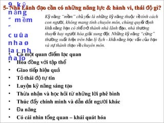 9 kỹ năng “mềm”  cuûa nhaø laõnh ñaïo   5- Nhà Lãnh đạo cần có những năng lực & hành vi, thái độ gì?   Có một quan điểm lạc quan Hòa đồng với tập thể   Giao tiếp hiệu quả   Tỏ thái độ tự tin   Luyện kỹ năng sáng tạo   Thừa nhận và học hỏi từ những lời phê bình Thúc đẩy chính mình và dẫn dắt người khác Đa năng   Có cái nhìn tổng quan – khái quát hóa Kỹ năng “mềm” chủ yếu là những kỹ năng thuộc về tính cách con người, không mang tính chuyên môn, chúng quyết định khả năng bạn có thể trở thành nhà lãnh đạo, nhà thương thuyết hay người hòa giải xung đột. Những kỹ năng “cứng” thường xuất hiện trên bản lý lịch - khả năng học vấn của bạn và sự thành thạo về chuyên môn.  