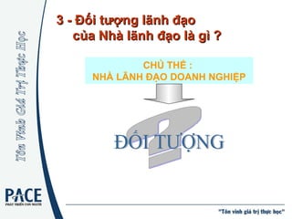 CHỦ THỂ :  NHÀ LÃNH ĐẠO DOANH NGHIỆP 3 - Đối tượng lãnh đạo  của Nhà lãnh đạo là gì ? ? ĐỐI TƯỢNG 