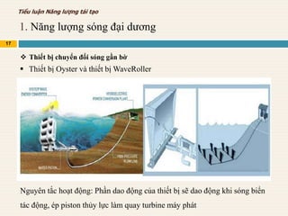 1. Năng lượng sóng đại dương
17
Tiểu luận Năng lượng tái tạo
 Thiết bị chuyển đổi sóng gần bờ
 Thiết bị Oyster và thiết bị WaveRoller
Nguyên tắc hoạt động: Phần dao động của thiết bị sẽ dao động khi sóng biển
tác động, ép piston thủy lực làm quay turbine máy phát
 