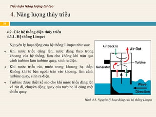Nguyên lý hoạt động của hệ thống Limpet như sau:
 Khi nước triều dâng lên, nước dâng theo trong
khoang của hệ thống, làm cho không khí tràn qua
cánh turbine làm turbine quay, sinh ra điện.
 Khi nước triều rút, nước trong khoang hạ thấp.
Không khí từ bên ngoài tràn vào khoang, làm cánh
turbine quay, sinh ra điện.
 Turbine được thiết kế sao cho khi nước triều dâng lên
và rút đi, chuyển động quay của turbine là cùng một
chiều quay.
4.2. Các hệ thống điện thủy triều
4.3.1. Hệ thống Limpet
Hình 4.5. Nguyên lý hoạt động của hệ thống Limpet
4. Năng lượng thủy triều
Tiểu luận Năng lượng tái tạo
39
 