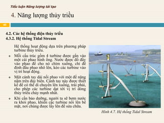 Hệ thống hoạt động dựa trên phương pháp
turbine thủy triều.
 Mỗi cấu trúc gồm 4 turbine được gắn vào
một cái phao hình ống. Nước được đổ đầy
vào phao để cho nó chìm xuống, chỉ để
đỉnh đầu phao nhô lên, kéo các turbine vào
vị trí hoạt động.
 Một cánh tay dài nối phao với một đế nặng
nằm trên đáy biển. Cánh tay này được thiết
kế để có thể di chuyển lên xuống, trái phải,
cho phép các turbine dạt tới vị trí dòng
thủy triều chảy mạnh nhất.
 Khi cần bảo dưỡng, người ta sẽ bơm nước
ra khỏi phao, khiến các turbine nổi lên bề
mặt, nơi chúng được lấy lên để sửa chữa.
4.2. Các hệ thống điện thủy triều
4.3.2. Hệ thống Tidal Stream
Hình 4.7. Hệ thống Tidal Stream
4. Năng lượng thủy triều
Tiểu luận Năng lượng tái tạo
40
 
