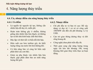 4.4.1. Ưu điểm
 Là nguồn tài nguyên tái tạo, không cần
nhiên liệu để duy trì, miễn phí.
 Hoàn toàn không gây ô nhiễm, không
giống như nhiên liệu hóa thạch, nó không
tạo ra khí nhà kính hoặc chất thải khác.
 Độc lập với thời tiết và biến đổi khí hậu.
 Hiệu suất cao hơn turbine gió, do khối
lượng riêng của nước lớn hơn không khí.
 Có khả năng bảo vệ cùng bờ biển một
phẩn khỏi các cơn bão.
 Giảm sự phụ thuộc vào nhiên liệu hóa
thạch, góp phần đảm bảo an ninh năng
lượng thế giới.
4.4.2. Nhược điểm
 Chi phí đầu tư và bảo trì cao: Để xây
dựng và duy trì 1 cơ sở có công suất
1085MW cần đến chi phí khoảng 1,2 tỷ
USD.
 Cản trở giao thông đường thủy và đời
sống hoang dã.
 Công nghệ chưa phát triển đầy đủ.
 Thời gian cung cấp năng lượng trong
ngày chỉ kéo dài khoảng 10h, trong
khoảng thời gian thủy triều thực sự hoạt
động.
4.4. Ưu, nhược điểm của năng lượng thủy triều
4. Năng lượng thủy triều
Tiểu luận Năng lượng tái tạo
41
 