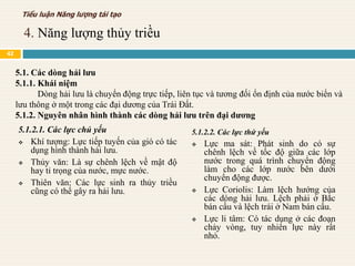 5.1.2.1. Các lực chủ yếu
 Khí tượng: Lực tiếp tuyến của gió có tác
dụng hình thành hải lưu.
 Thủy văn: Là sự chênh lệch về mật độ
hay tỉ trọng của nước, mực nước.
 Thiên văn: Các lực sinh ra thủy triều
cũng có thể gây ra hải lưu.
5.1.2.2. Các lực thứ yếu
 Lực ma sát: Phát sinh do có sự
chênh lệch về tốc độ giữa các lớp
nước trong quá trình chuyển động
làm cho các lớp nước bên dưới
chuyển động được.
 Lực Coriolis: Làm lệch hướng của
các dòng hải lưu. Lệch phải ở Bắc
bán cầu và lệch trái ở Nam bán cấu.
 Lực li tâm: Có tác dụng ở các đoạn
chảy vòng, tuy nhiên lực này rất
nhỏ.
5.1. Các dòng hải lưu
5.1.1. Khái niệm
Dòng hải lưu là chuyển động trực tiếp, liên tục và tương đối ổn định của nước biển và
lưu thông ở một trong các đại dương của Trái Đất.
5.1.2. Nguyên nhân hình thành các dòng hải lưu trên đại dương
4. Năng lượng thủy triều
Tiểu luận Năng lượng tái tạo
42
 