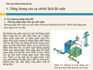 Hệ thống bao gồm một cấu trúc hệ thống phát
điện trong đó có một bình thủy áp 2 ngăn:
ngăn nước mặn kín và ngăn nước ngọt hở,
ngăn cách giữa chúng là màng thẩm thấu được
chế tạo đặc biệt. Do nồng độ muối trong nước
ngọt và nước biển khác nhau, tạo ra một áp lực
thẩm thấu khá lớn và nước ngọt không ngừng
thấm qua màng thẩm thấu sang phía bể chứa
nước mặn vốn đã đầy nước biển và kín, khiến
cho áp suất nước trong ngăn nước mặn tăng
cao. Nước có áp suất cao từ ngăn nước mặn
qua một đường ốn dẫn được dẫn tới làm quay
tuabin thủy lực, dẫn động máy phát, sinh ra
dòng điện.
 Các phương pháp biến đổi
 Phương pháp thẩm thấu áp suất chậm
Phương pháp thẩm thấu áp suất chậm (Pressure Retarded Osmosis- PRO) hoạt động dựa
theo nguyên lý sau đây:
Hình 5.2. Nguyên lý hoạt động của
phương pháp thẩm thấu áp suất chậm
6. Năng lượng của sự chênh lệch độ mặn
Tiểu luận Năng lượng tái tạo
48
 