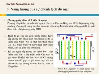  Thiết bị có cấu tạo gồm nhiều màng được
xếp chồng lên nhau, một nửa trong số đó là
thẩm thấu Natri- Na và một nửa thẩm thấu
Clo- Cl. Nước biển và nước ngọt chảy luân
phiên, xen kẽ giữa các lớp màng.
 Tại các ngăn xếp (được tạo thành bởi 1 lớp
thẩm thấu Na- 1 lớp thẩm thẩu Cl), xảy ra
quá trình khuếch tản ion Na+ và Cl- trong
nước), sau đó gây ra quá trình oxy hóa và
khử ở các cực dương và cực âm sắt, sinh ra
dòng điện.
 Phương pháp thẩm tách điện tử ngược
Phương pháp thẩm tách điện tử ngược (Reverse Electro Dialysis- RED) là phương pháp
sử dụng công nghệ màng lọc dựa trên một phản ứng điện hóa, chứ không phải là áp suất
thẩm thấu như phương pháp PRO.
Hình 5.3. Nguyên lý hoạt động của
phương pháp thẩm tách điện tử ngược
6. Năng lượng của sự chênh lệch độ mặn
Tiểu luận Năng lượng tái tạo
49
 