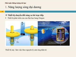 1. Năng lượng sóng đại dương
9
Tiểu luận Năng lượng tái tạo
 Thiết bị chuyển đổi sóng xa bờ trực tiếp
 Thiết bị phát triển của của Đại học bang Oregon
Thiết bị này làm việc theo nguyên lý cảm ứng điện từ
 