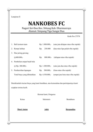 Lampiran II

NANKOBES FC
Nagari Sei-Duo Kec. Sitiung Kab. Dharmasraya
Alamat: Simpang Tiga Sungai Duo
Kode Pos 27578

1. Beli kostum team

Rp. 1.800.000,-

(satu juta delapan ratus ribu rupiah)

2. Rompi latihan

Rp.

250.000

(dua ratus lipa puluh ribu rupiah)

Rp.

800.000,-

(delapan ratus ribu rupiah)

3. Dua jaring gawang
@400.000,4. Pembelian empat buah bola
@ Rp. 300.000,5. Pembersihan lapangan
Total biaya yang dibutuhkan

Rp. 1.200.000,-

(satu juta dua ratus ribu rupiah)

Rp.

(lima ratus ribu rupiah)

500.000,-

Rp. 4.550.000,-

(empat juta lima ratus ribu rupiah)

Demikianlah rincian biaya yang kami butuhkan, atas kemurahan dan partisipasinya kami
ucapkan terima kasih.

Hormat kami, Pengurus
Ketua

Sekretaris

Bendahara

Masri Anton

Adek

Herpandius

 