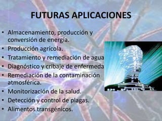 FUTURAS APLICACIONESAlmacenamiento, producción y conversión de energía.Producción agrícola.Tratamiento y remediación de aguas.Diagnóstico y cribaje de enfermedades.Remediación de la contaminación atmosférica.Monitorización de la salud.Detección y control de plagas.Alimentos transgénicos.