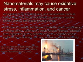 Nanomaterials may cause oxidativeNanomaterials may cause oxidative
stress, inflammation, and cancerstress, inflammation, and cancer
Xia et al, Nano Lett. 2006 Aug;6(8):1794-Xia et al, Nano Lett. 2006 Aug;6(8):1794-
807. Reviewed in Stone and Donaldson,807. Reviewed in Stone and Donaldson,
Nature Nanotechnology 1, (2006)Nature Nanotechnology 1, (2006)
Air pollution such as diesel soot, and nanoparticles such asAir pollution such as diesel soot, and nanoparticles such as
carbon black and carbon buckyballs can generate reactivecarbon black and carbon buckyballs can generate reactive
oxygen species and induce oxidative stressoxygen species and induce oxidative stress
Since there is a clear link between oxidative stress and diseasesSince there is a clear link between oxidative stress and diseases
including cancer, asthma and cardiovascular disease, scientistsincluding cancer, asthma and cardiovascular disease, scientists
have suggested that by characterizing the oxidative stresshave suggested that by characterizing the oxidative stress
profile of nanomaterials, we may be able to predict the toxicityprofile of nanomaterials, we may be able to predict the toxicity
 