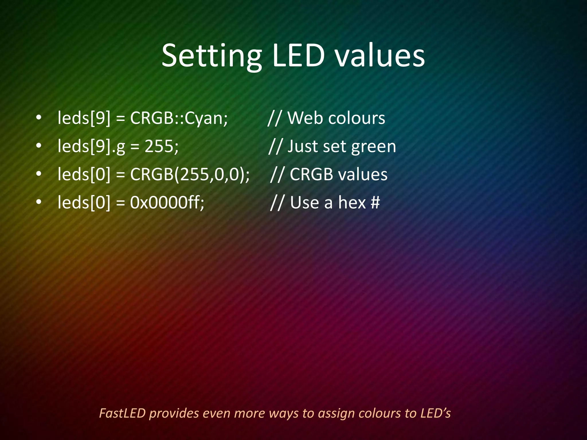 Variable Types
Variable types include:
– int (-32768 to 32767 is 16 bit signed)
– uint (0 to 65535 is 16 bit unsigned)
– uint8_t (0 to 255 is 8 bit unsigned)
– long (is 32 bits signed)
– and many more. . .
Variable scope can also be important as well
 