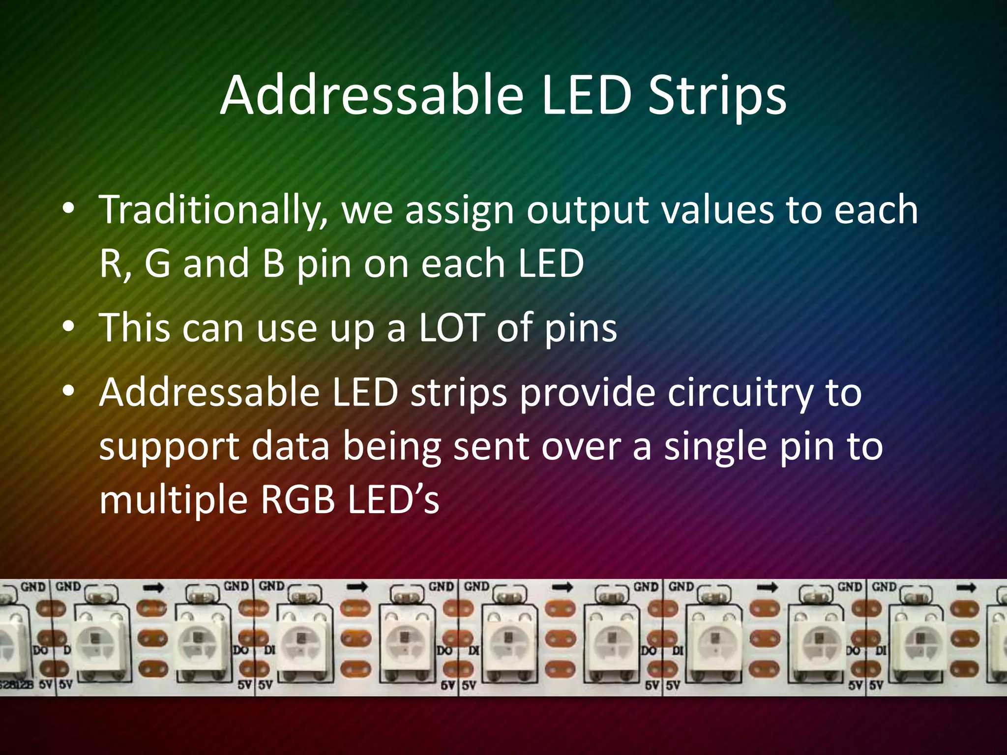 LED Strip Connections
D12 –
D11 –
5V –
Gnd –
D6 –
Vin –
Data in
Clock in
5V
Gnd
Button
Battery +
We’re using APA102 LED’s, aka DotStars
 